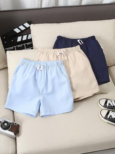 3pcs/Set Boys' Solid Color Drawstring Waist Casual Shorts