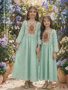 Young Girls' New Middle Eastern Chiffon Patchwork Geometric Pattern Tassel Trim Fitted Long Sleeve Dress - Mint Green - View 4