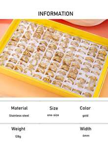 3/6/9/12/15/20/26/30pcs Luxury Rhinestone Stainless Steel Heart & Cross Woven Ring Set, Suitable For Women, Assorted Styles, Sizes Random For Occasions Like Easter, Date, Engagement, Wedding, Party, Commute - Gold - View 12
