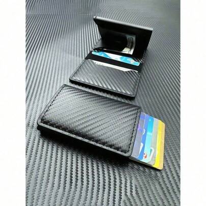 1pc Fashion Men's Wallet, Carbon Fiber RFID Blocking Aluminum Automatic Pop-Up Card Case, Anti-Theft Card Holder With Magnetic Shielding Large Capacity Multi-Card Slots,Business Casual Style,Birthday Gift,Graduation Gift,Father's Day Gift