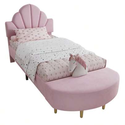 Polsterbett, Einzelbett, Samtkopfteil, Mit einer Bettbank in glicher Farbe, Weiche Antikollisions-Schwammkante, Stabiler Bettrahmen, Samt + Sperrholz, Pink, 90x200cm