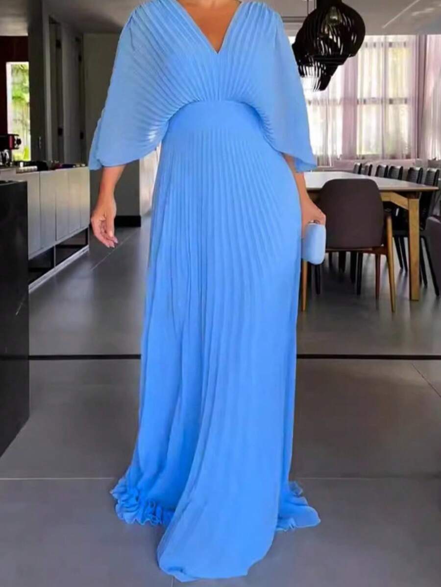 Dresses For Women,Women's Fashionable And Elegant Solid Color Pleated V-Neck Batwing Sleeve High Waist Full Skirt Long Dress - màu xanh da trời - Xem 1