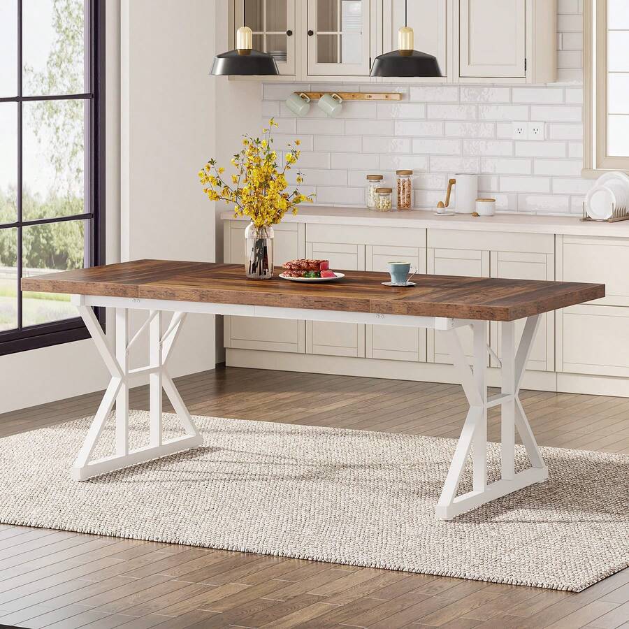 LITTLE TREE Farmhouse Dining Table For 6 People, 63-Inch Rectangular ...