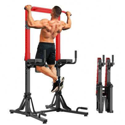 DlandHome Foldable Power Tower, Height-Adjustable Pull-Up Bar, Multi-Gym With Padded Handles, Full-Body Parallel Bar Station, Home Gym Equipment