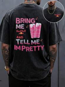 Men's T-Shirt Men's Heavy 230g Vintage Washed Cotton Casual Short-Sleeved T-Shirt In Spring And Summer, RedBull Fun Slogan Shirt With Unlimited Image, Energy Drink Theme Print, Light Gray Washed Texture Suitable For Daily Wear, Unlimited Elements Superimposed Slogan Design, Easy To Hold Street Fun. - 黑色 - 查看 1