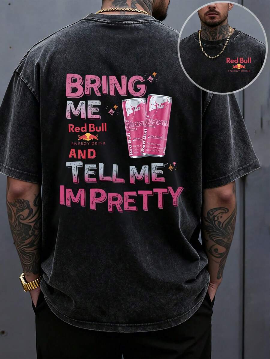 Men's T-Shirt Men's Heavy 230g Vintage Washed Cotton Casual Short-Sleeved T-Shirt In Spring And Summer, RedBull Fun Slogan Shirt With Unlimited Image, Energy Drink Theme Print, Light Gray Washed Texture Suitable For Daily Wear, Unlimited Elements Superimposed Slogan Design, Easy To Hold Street Fun. - 黑色 - 查看 1