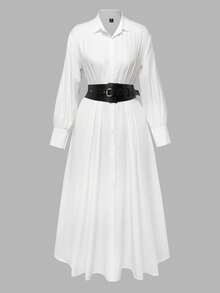 大码女式长袖衬衫领白色通勤装，优雅约会装，休闲装，派对装，宽松腰带中长连衣裙，裙摆飘逸 - 白色 - 查看 2