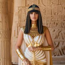 Cleopatra Cosplay Wig With Headdress - Egyptian Queen Costume Wig, Straight Black Synthetic Hair With Bangs, Golden Accents & Beads For Halloween, Renaissance Fairs, Themed Parties (Includes Headpiece) - 黑色的- - 查看 2