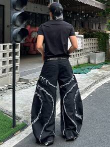 1件日式拼接刺绣毛边阔腿牛仔裤，男士个性街头风做旧宽松长裤（不含腰带和配饰） - 黑色 - 查看 2