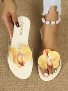 1 Pair Teenage Orchid Decor Transparent Strap Sandals, Sweet Floral Flat Slippers, Fashionable Casual Slip-On Sandals For Vacation - White - View 2