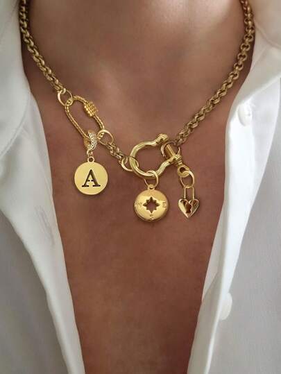 1pc STYLEVER Gold Letter Pendant Necklace With Twist Clasp And Stainless Steel Chain, Suitable For Work, Daily Life, Party, Banquet And Ball, Showcasing Unique Luxurious Feminine Charm