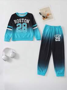 2 件套青少年男童渐变色运动衫和慢跑裤套装，字母印花渐变色套头衫和锥形裤，春秋季时尚 - 藍色 - 查看 7