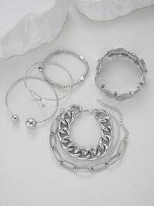 1-6pcs Fashionable Minimalist Elegant Exaggerated Vintage Coin Chain Heart Beaded Bracelet Set, Suitable For Dates, Parties, Balls, Festivals, Valentine's Day, Birthdays, Daily Wear - Silver - View 5