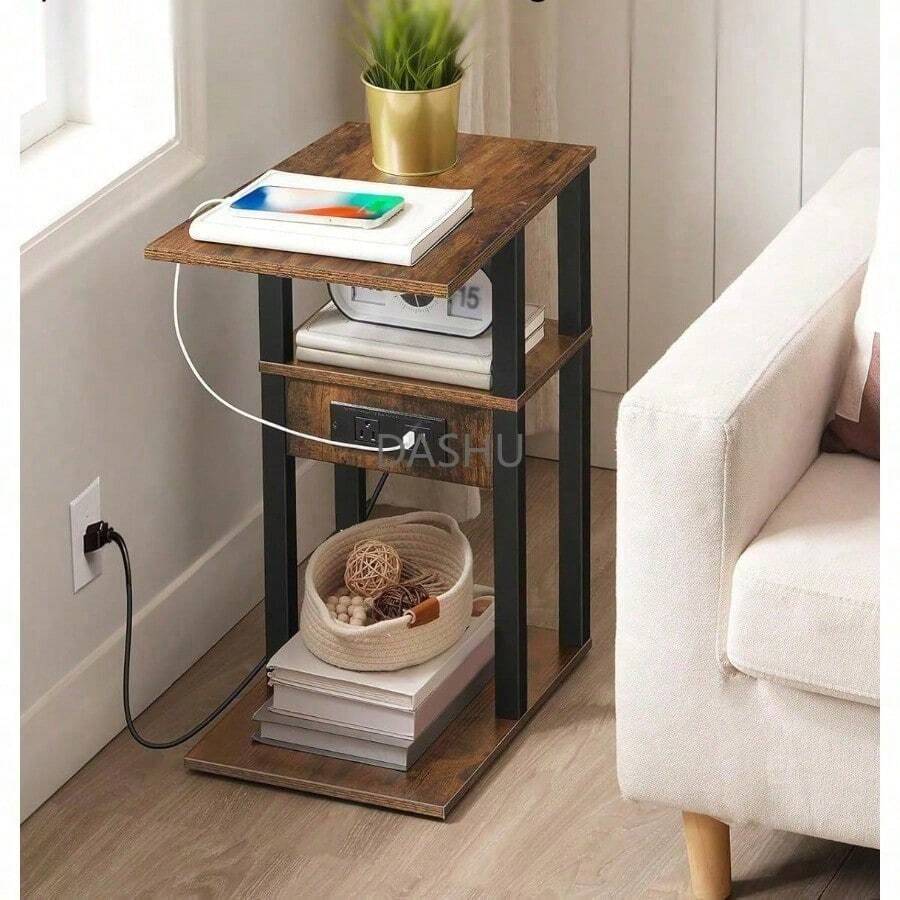 Mesas Auxiliares en Forma de C con Estación de Carga Mesa Auxiliar 2 Puertos USB y Tomas de Corriente Estación de Carga para Espacios Pequeños Sala de Estar Dormitorio (Marrón) - por defecto - Ver 1