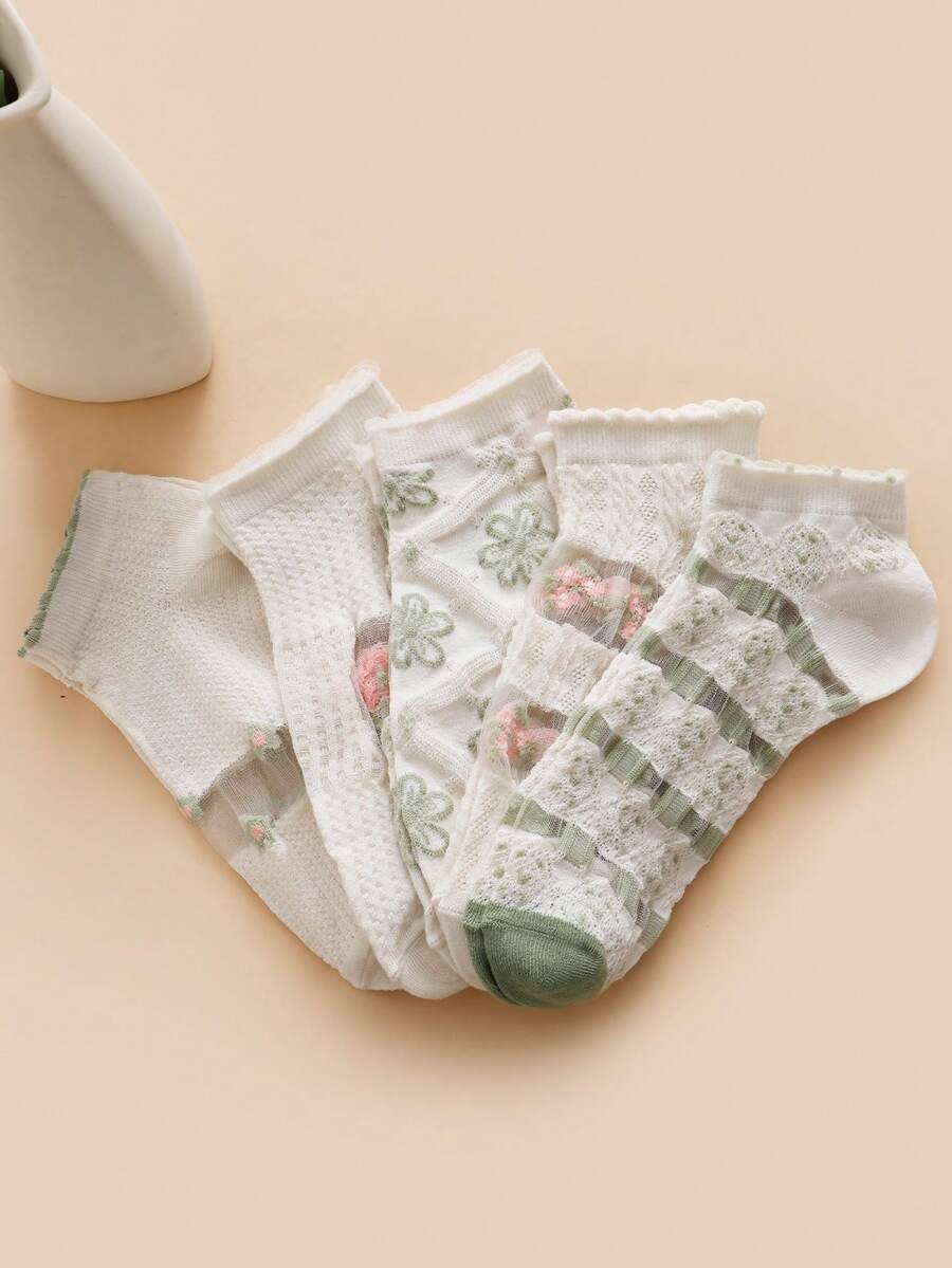 5双装女士春夏水晶拼接花卉图案时尚透气短袜