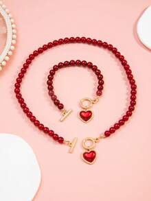 1 Set Of 2pcs Fashionable, Elegant And Romantic Red Faux Pearl Heart Pendant Necklace And Bracelet, Suitable As Valentine's Gift For Girlfriend - Multicolor - View 3