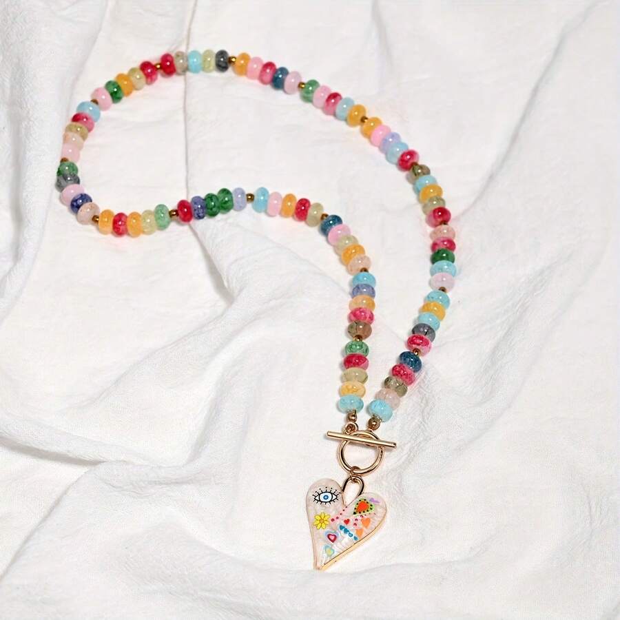 Handmade Colorful Glass Bead Necklace With Heart Pendant - Elegant O-Tassel Chain For Daily Wear & Parties, Perfect For All Occasions, Party Accessory |   Vibrant Accessory |   Handcrafted Jewelry, Necklace For - Color 5 - 查看 1