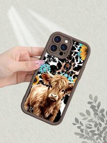 Cute Highland Cow Sunflower Turquoise Leopard Print Phone Case For IPhone 17 16 15 14 13 12 11 7 X,New Thickened Shockproof Scratch-Resistant Case With Comfortable Matte Feel,Western Farmhouse Style Protective Cover - Cà phê nâu - Xem 5