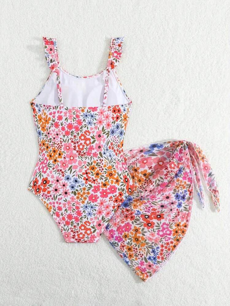 Tween Girls Cute & Elegant Knit Digital Print Fabric Design European & American Fashion Refined Lady Swimsuit Set, Suitable For Summer, Swimming, Beach, Vacation - Multicolor - View 2