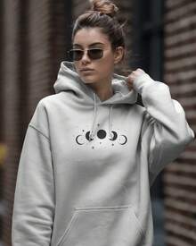 Women's Printed Sweatshirt "Moon Phases" Various Colors Comfortable Kangaroo Style Flannel Lined Premium Fabric MF-019 - trắng - Xem 2