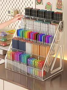 1个大容量水彩笔筒 - 亚克力分隔笔托盘 - 桌面绘画收纳架 - 马克笔收纳盒 - 开学季桌面整理盒 - 彩色 - 查看 11