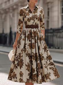 Vuslat 女士春季优雅复古印花系带长连衣裙 - 米色金色花朵七分袖褶皱连衣裙，带口袋，适合花园、通勤、拍照、下午茶、情人节、度假、下午茶等场合。 - 彩色 - 查看 2