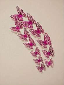 12pcs/Set Fuchsia 3D Hollow Butterfly Decals - Pink - View 5