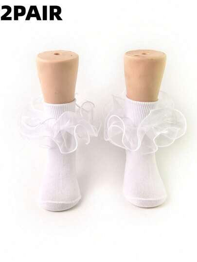 2 Pairs Kids Ruched Floral Lace Trim Princess Ballet Ankle Socks For Baby/Toddler/Girl