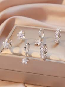 Hihho 6 Stück/Set Luxus Blumen Ohrringe Set, Silber/Stern Blume + Ohrringe, Nischendesign, vielseitig für Alltag, Date, Anziehen, hochwertige Schmuckzubehör für Frauen - Ohrring-Set - Übersicht 4