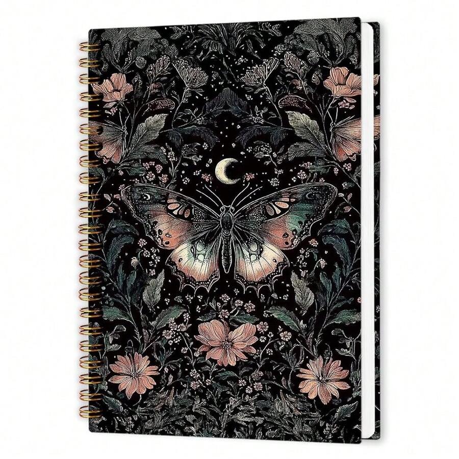 Nvucamd Witchy Celestial Butterfly Floral Spiral Notebook, Gothic Butterfly Moth Journal Notebook For Women, Dark Cottagecore Moth Flower Journaling Notebooks, Witchy Gifts Office Supplies, 5.5x8.3 Inch - 蝴蝶花 - 查看 1