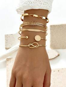 5pcs Minimalist Geometric Exaggerated Open Bangle Bracelet Set, Alloy Material, Adjustable Size, Suitable For Party/Gift - Yellow Gold - View 1