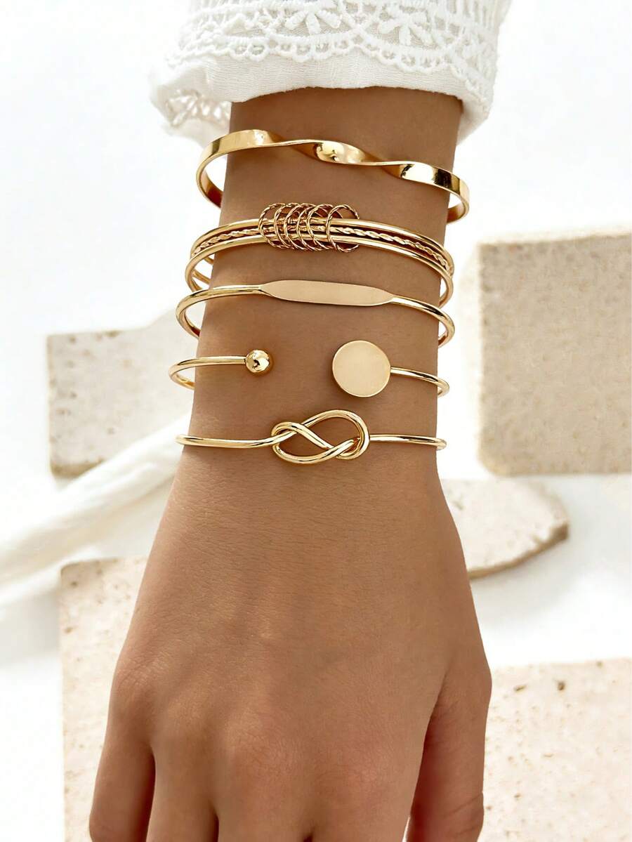 5pcs Minimalist Geometric Exaggerated Open Bangle Bracelet Set, Alloy Material, Adjustable Size, Suitable For Party/Gift - Yellow Gold - View 1