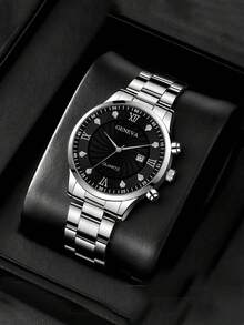 Men's Fashion Rhinestone Inlaid Alloy Steel Band Watch, Bracelet & Lion Jewelry Set