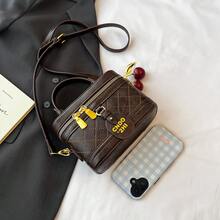 1 Set Retro Brown Box-Shaped Handbag With Quilted Embroidery Strap Shoulder Bag, Comes With Cherry Pendant - Coffee - View 5