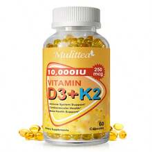 Mulittea Vitamin D3 & K2 M.K-7 Capsules - 60 Capsules | 10,000 I.U | Supports Immune, Bone & Cardiovascular Health | Plant-Based Supplement - một chai(60 cái) - Xem 1
