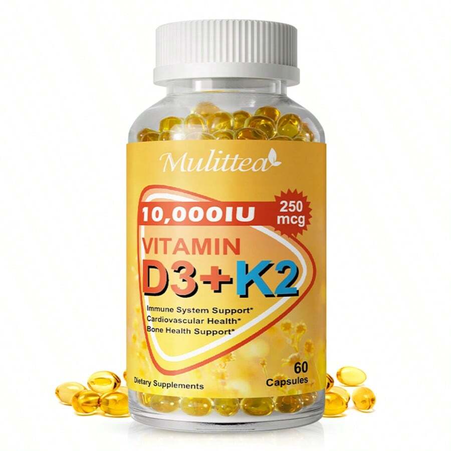 Mulittea Vitamin D3 & K2 M.K-7 Capsules - 60 Capsules | 10,000 I.U | Supports Immune, Bone & Cardiovascular Health | Plant-Based Supplement - một chai(60 cái) - Xem 1