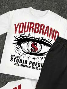 Young Boy Slogan Eye Print Crew Neck Short Sleeve T-Shirt And Long Pants Casual Set - White - View 3