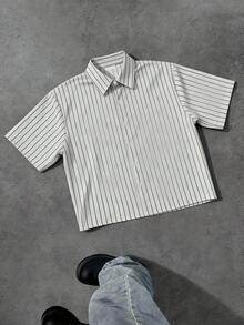 WAIT HIM Men's Casual Loose Striped Short Sleeve Shirt, Spring To Summer - White - View 2