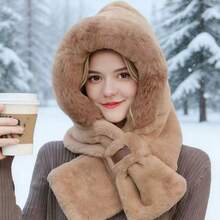 1件套冬季毛绒帽子围巾二合一，高品质保暖连帽围脖
