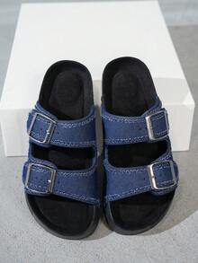 Teenage Girls' Anti-Slip Soft Comfortable Open Toe Plush Slippers, Round Toe Double Strap Design Low Heel Slip-On Fashion Slides