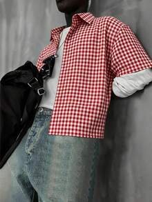 WAIT HIM Áo sơ mi nam tay ngắn kẻ caro dáng rộng, thích hợp mặc đi làm. - Đỏ và trắng - Xem 7
