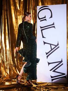 Ruffle Trim Contrast Trim Elegant Formal Long Sleeve Sheath Dress Wedding Spring - Green - View 7