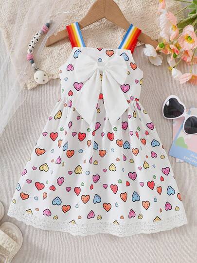 Young Girls' Rainbow Bow Tie Strap Dress With Heart Print, Lace Hem Embroidery, Casual Summer Dress