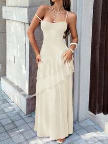 Robe maxi femme Vaiaye, style tropical hawaïen bohème pour vacances à la plage. Couleur unie, élégante, avec bretelles spaghetti, dos nu et fente haute. Convient pour la Saint-Valentin - Nude - Voir 5