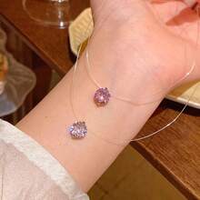 隐形项链，简约透明线条项链，配方晶锆石美人鱼泪珠，欧美时尚锁骨链，配8MM钻石 - 透明色 - 查看 7