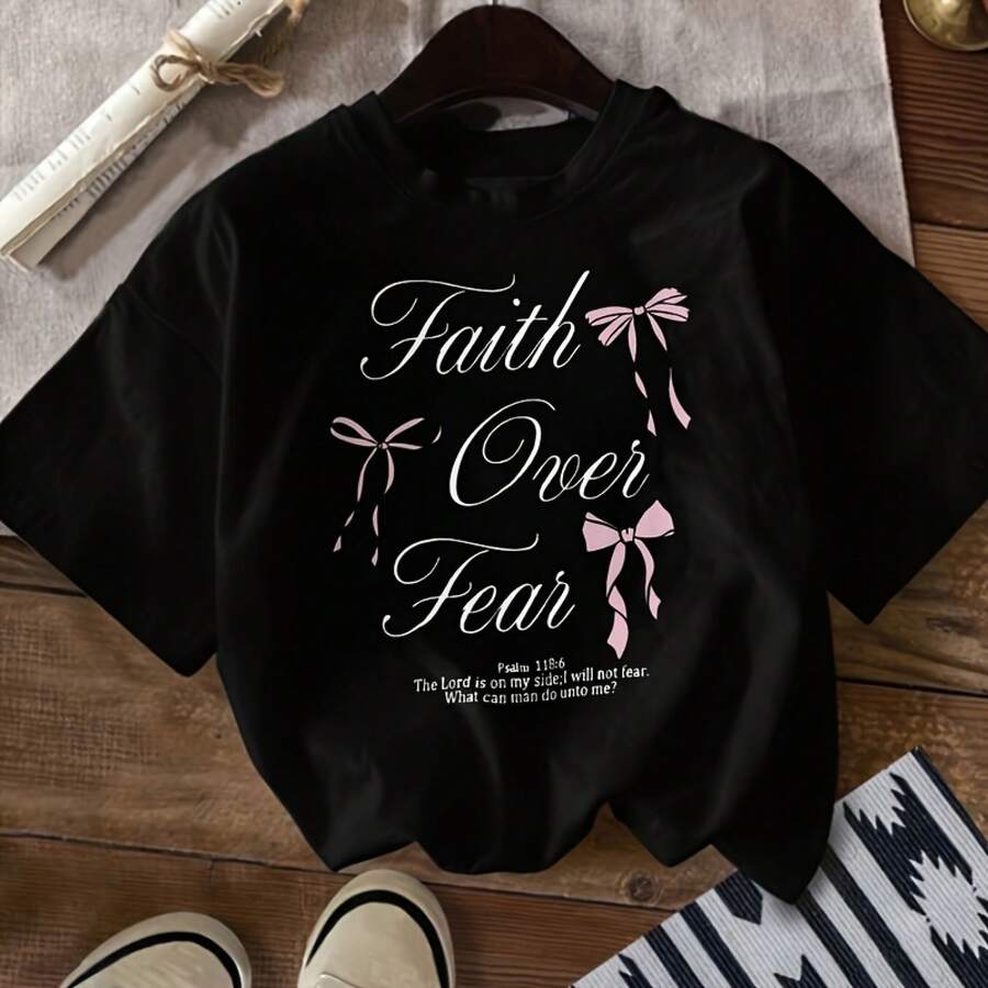 Faith Over Fear Cursive Printed Light Beige Crew Neck T - Shirt, Casual Cotton Summer Tee With Decorative Text - Perfect For Daily Wear & Gift-Oversized Y2K Crew Neck T-Shirt For Women  Casual Daily Essential Tee - 黑色 - 查看 1