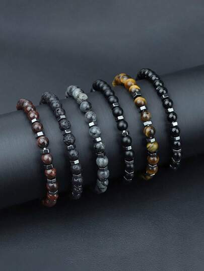 1 pieza Pulsera elástica casual de hombre con cuentas de piedra de 6 mm, piedras de ojo de tigre/obsidiana/flash negro, regalo