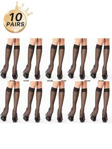 3/6/10 Pairs Women Apricot & Black 15D Knee High Stockings, Anti-Snag, Core-Spun, Sexy, Ultra-Thin, Ultra-Sheer, Versatile Thigh High Socks, Suitable For Work, Party, Gift, Fall, Cozy