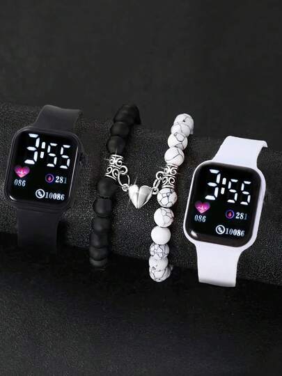 4 piezas Reloj digital LED con forma de corazón, reloj deportivo electrónico cuadrado minimalista unisex