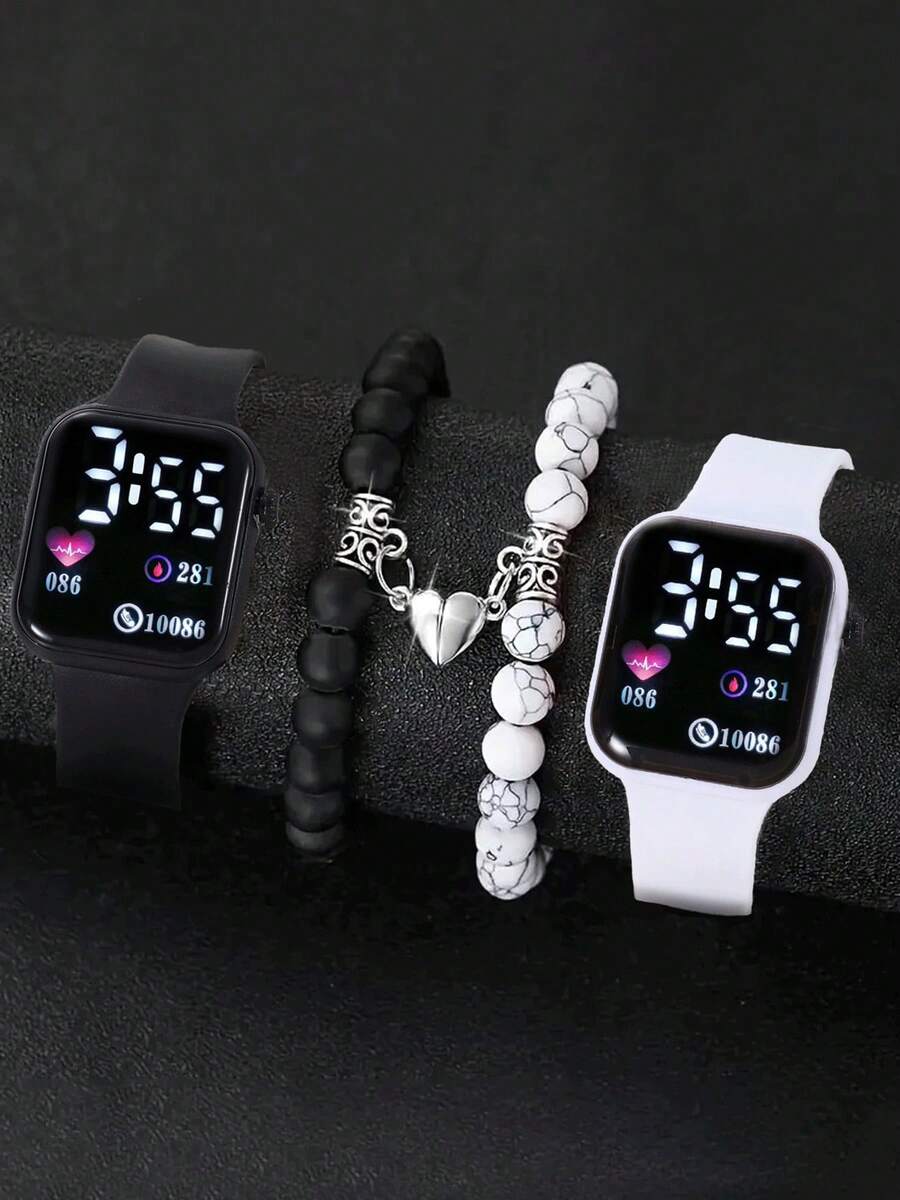 4pcs Heart-Shaped LED Digital Watch, Minimalist Square Unisex Sports Electronic Wristwatch